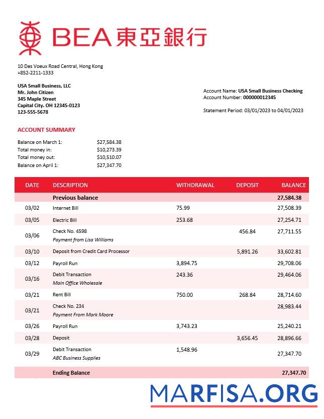 Blank Bank of East Asia firm account statement Word and PDF template